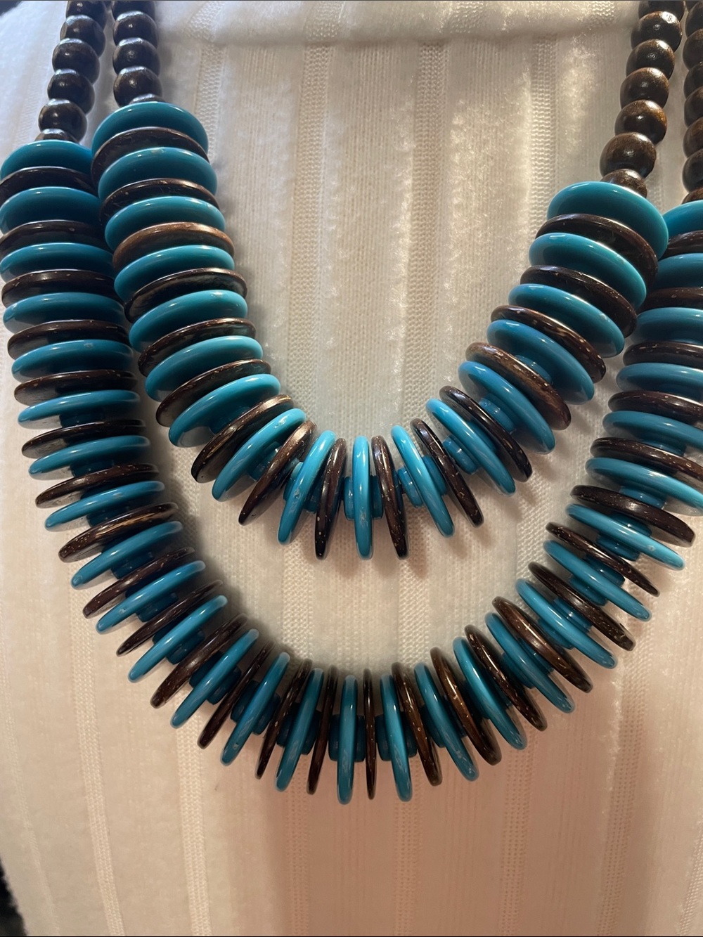 Turquoise and Brown Double Wooded Strand Bead Necklace - Picture 2 of 5